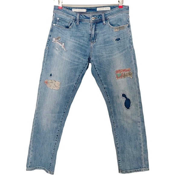 Anthro Pilcro Patchwork Patched Ripped Frayed Midrise Slim Boyfriend Jeans 29 - Picture 2 of 10
